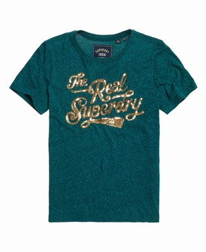 Superdry The Real Glitter Sequin Női Pólók MélyTürkiz | EGVMI0167